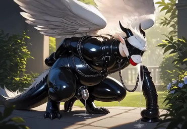 anthro bodily_fluids bondage_gear chastity_cage chastity_device collar gag gagged harness kneeling latex male mythology roleplay solo white_body flame1ock dragon mythological_creature mythological_scalie scalie animated short_playtime webm