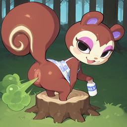 anthro anus bottle butt butt_focus chibi clothing crouching dress fart fart_cloud fart_fetish female floral_print forest grass looking_back makeup milk milk_bottle plant solo standing stump tree white_clothing white_dress mirakelpung animal_crossing nintendo pecan_(animal_crossing) mammal rodent sciurid tree_squirrel