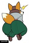 anthro balls big_balls blue_eyes bottomwear brown_clothing brown_footwear brown_shoes bulge butt clothing footwear fur genitals green_bottomwear green_clothing green_pants male orange_body orange_fur pants shirt shoes solo topwear qoom99 fox_mccloud canid canine fox mammal tail