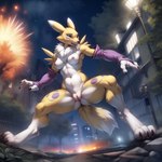 anthro areola blue_eyes breasts chest_tuft clothed clothing explosion female fighting_pose fire fur fur_markings genitals markings medium_breasts multicolored_body multicolored_fur nipples nude partially_clothed pose public purple_clothing pussy renamon_gloves sleeves solo spread_legs spreading standing tuft two_tone_body two_tone_fur urban_background white_body white_fur yellow_body yellow_fur neutron_alchemist digimon_(species) renamon