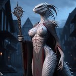 anthro blue_eyes breasts carnelia clothed clothing dragonborn_(disambiguation) exposed_breasts female nipples non-mammal_breasts non-mammal_nipples red_body red_skin robe scales scalie skimpy solo staff ulfyn white_body white_scales