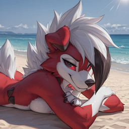 anthro beach breasts butt claws cloud female fur hair looking_at_viewer lying nude sea seaside smile solo tuft water white_body vitiligo_(director) nintendo pokemon canid canine generation_7_pokemon lycanroc mammal midnight_lycanroc pokemon_(species) absurd_res hi_res