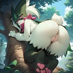 anthro anus big_butt bodily_fluids butt dripping_pussy fangs female forest fur genitals looking_back mask paws pink_eyes plant pokemon pussy sweat sweaty_butt tree bhruu meowscarada pokemon_(species)