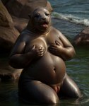 absurd_res anthro breasts female front_pussy genitals glistening glistening_body hi_res mammal marine overweight overweight_female pinniped pussy sea_lion seal seaside solo splice transformation water wet wet_body