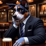 alcohol anthro bar beer beverage black_clothing black_nose black_tie_(suit) blue_body blue_fur bottle brown_body brown_eyes brown_fur clothing container cup fur glass glass_container glass_cup indigo_furry_mix_v110_realistic male restaurant solo stable_diffusion suit malachiteai australian_cattle_dog canid canine canis cattledog domestic_dog herding_dog mammal pastoral_dog 1:1