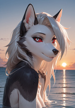 anthro breasts cloud female fur glistening glistening_eyes hair long_hair multicolored_body multicolored_fur outside red_sclera reflection sea smile solo solo_focus sunset swimming water waterdrop wave white_eyes tollilo helluva_boss loona_(helluva_boss) canid canid_demon canine demon hellhound mammal hi_res