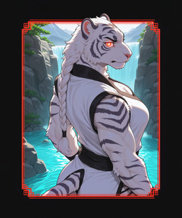 anthro arm_tuft asian_clothing biceps big_breasts biped black_body black_border black_eyebrows black_fur black_stripes border braided_hair breasts cheek_tuft clothed clothed_anthro clothed_female clothing day detailed_background dress east_asian_clothing elbow_tuft eyebrows facial_tuft female female_anthro frown fully_clothed fur glowing glowing_eyes hair inner_ear_fluff long_hair looking_at_viewer looking_back looking_back_at_viewer markings mountain multicolored_body multicolored_fur multicolored_tail muscular muscular_anthro muscular_female orange_eyes outside partially_submerged pink_nose plant ponytail rear_view red_eyes rock sky sleeveless solo standing striped_body striped_fur striped_markings striped_tail stripes tail tail_markings tree tuft two_tone_body two_tone_fur water waterfall white_body white_clothing white_dress white_fur white_hair white_tail white_tuft burioth felid mammal pantherine tiger detailed digital_media_(artwork) half-length_portrait hi_res portrait