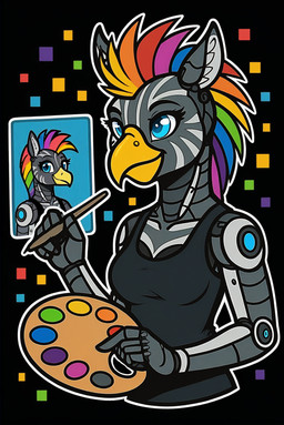 5_fingers anthro beak blue_eyes breasts clothed clothing cybernetics digital_static droste_effect duo female fingers fur glowing_joints grey_body grey_fur hair holographic_screen machine multicolored_hair outline palette rainbow_hair robot_joints simple_background smile stripes stylus topwear white_outline white_stripes yellow_beak dakka mascot_2025 avian bird equid equine gryphon hybrid mammal mythological_avian robot zebra hi_res