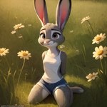 anthro bottomwear clothing disney ears_up female flower_field grass on_knees plains plant shirt shorts solo tank_top topwear blep_(director) zootopia judy_hopps lagomorph leporid mammal rabbit hi_res