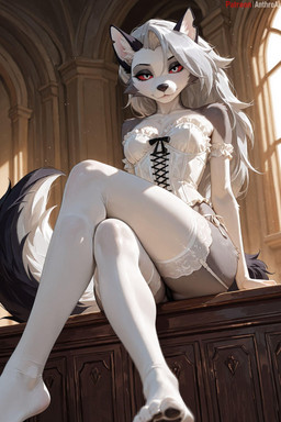clothed clothing corset lingerie looking_at_viewer sitting_on_bench topwear anthroai helluva_boss loona_(helluva_boss) hi_res