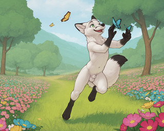 animal_genitalia anthro balls black_body black_fur casual_nudity digitigrade dipstick_tail flower fully_sheathed fur genitals grass green_eyes happy male markings nude outdoor_nudity outside paws plant sheath solo tail_markings tree white_body white_fur plapenjoyer quin_(plapenjoyer) arthropod butterfly canid canine fox insect lepidopteran mammal hi_res