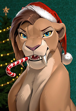 blue_eyes candy candy_cane christmas_clothing christmas_headwear christmas_tree clothing dessert female food headgear headwear long_fangs pink_nose plant sharp_teeth solo teeth tree maw_master felid feline lion mammal pantherine sabertoothed_lion headshot_portrait hi_res portrait
