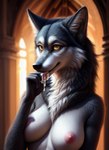 anthro bodily_fluids cum cum_drip cum_in_mouth cum_inside cum_on_hand cum_on_tongue dripping female genital_fluids licking_cum realistic solo tongue tuft lurktime_(director) canid canine canis mammal wolf