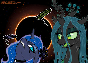 accessory black_choker black_flower black_hole black_jewelry black_lipstick black_necklace choker cosmic_background duo eyelashes fangs female feral flower flower_in_hair hair hair_accessory head_back horn jewelry lipstick long_eyelashes looking_at_another looking_back makeup necklace nervous_sweat open_mouth outline plant shaking space space_background teeth text tremble_spikes trembling the_yiff_republic friendship_is_magic my_little_pony princess_luna_(mlp) queen_chrysalis_(mlp) equid equine horse mammal pony absurd_res english_text hi_res meme