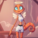 anthro blue_eyes bottomwear clothing crop_top feathered_wings feathers female halo orange_body shirt shorts solo sweater topwear turtleneck wings director_veprem hazbin_hotel flip_(veprem) angel chameleon lizard reptile scalie