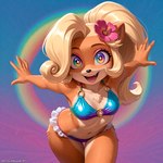 anthro bikini blonde_hair bottomwear breasts clothing eyebrows eyelashes female flower fur hair happy looking_at_viewer multicolored_eyes navel orange_body orange_fur plant pose psychedelic rainbow slim small_breasts smile swimwear sherlock_hound_(director) crash_bandicoot_(series) coco_bandicoot hi_res watermark