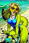 anthro beach bicycle bikini biped blonde_hair breasts camel_toe cleavage clothed clothing eyelashes eyewear female flowing_hair fluffy fluffy_tail fur hair half-closed_eyes leotard long_hair long_tail looking_at_viewer narrowed_eyes nipple_outline one-piece_swimsuit one_eye_closed open_mouth outside pinup pose sand seaside sitting smile solo sunglasses swimwear tail tight_clothing vehicle wink yellow_body yellow_fur carnivalecloudmuncher long-tailed_weasel mammal mustela mustelid musteline true_musteline hi_res