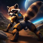 all_fours angry_puppy anthro blush bulge butt guardians_of_the_galaxy looking_at_viewer looking_back male mammal open_mouth presenting procyonid raccoon raised_tail robotic_arms robotic_body rocket_raccoon solo spread_legs spreading