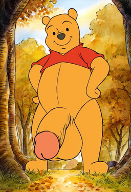 anthro balls belly big_balls big_penis bottomless clothed clothing forest genitals glans half-erect hand_on_hip huge_balls humanoid_genitalia humanoid_penis looking_at_viewer low-angle_view male outside penis pink_glans plant plushie red_clothing red_shirt red_topwear saggy_balls shirt smile solo standing t-shirt thick_penis topwear tree boxen549 disney winnie_the_pooh_(franchise) pooh_bear animate_inanimate living_plushie mammal ursid ursine hi_res