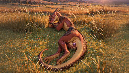 3_toes anthro covering covering_face dildo dildo_insertion feet female genitals lying lying_on_grass lying_on_ground lying_on_side mythology pussy red_body sex_toy sex_toy_insertion solo toes director_zerumi dragon mythological_creature mythological_scalie scalie wingless_dragon hi_res