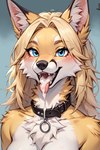 anthro blonde_hair blue_eyes bodily_fluids collar cum cum_in_mouth cum_inside face_focus female fur genital_fluids hair looking_at_viewer open_mouth orange_body orange_fur simple_background solo white_body white_fur henriqueplytz fochs_(character) canid canine fox mammal red_fox absurd_res hi_res