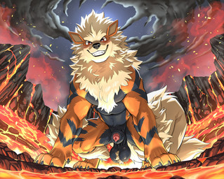 all_fours animal_genitalia animal_penis athletic athletic_male ball_tuft balls big_balls canine_genitalia canine_penis crouching feral fluffy_balls fur genitals looking_at_viewer looking_down_at_viewer low-angle_view male multicolored_body multicolored_fur muscular penis penis_tip red_eyes saggy_balls sheath smile solo striped_body striped_fur stripes tuft view_from_below hunchback4604 nintendo pokemon arcanine generation_1_pokemon pokemon_(species) hi_res