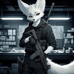 anthro black_clothing clothing fur gun holding_gun holding_object holding_weapon male ranged_weapon solo techwear weapon white_body white_fur lucifluffy wilek