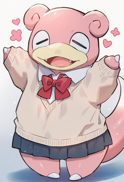 anthro bottomwear clothing eyes_closed fangs female open_mouth pink_body school_uniform simple_background skirt solo tail teeth tongue uniform kaigamiaikemono nintendo pokemon generation_1_pokemon pokemon_(species) slowpoke 2025 hi_res