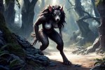 anthro big_breasts black_body black_fur blizzard_entertainment breasts canid canine crouching female forest front_view fur green_eyes kauket kauket_blackmoore leaning leaning_forward mammal nipples nude outside plant solo tree warcraft were werecanid werecanine worgen world_of_warcraft