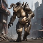 absurd_res anthro big_breasts breasts building deathclaw fallout female hi_res outside ruins solo street thick_thighs unbirthing vaginal vore