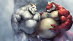 anthro balls beard belly big_belly big_muscles bodily_fluids body_hair chest_hair dragon duo facial_hair genitals hairy hi_res horn krazark male male/male musclegut muscular muscular_anthro navel nipples overweight overweight_anthro overweight_male pecs penis red_body scalie shower standing steam wet white_body