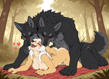 2_heads <3 anthro black_body black_fur breasts countershading duo eyes_closed female forest forest_background from_behind_position fur hair looking_pleasured male male/female medium_breasts multi_head muscular muscular_male nature nature_background plant sex tree white_hair yellow_body yellow_fur halfcerberus bird_dog canid canine canis cerberus domestic_dog golden_retriever hunting_dog hybrid mammal retriever wolf hi_res