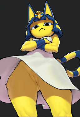 anthro black_eyes blue_hair clothing dress female fur genitals hair looking_at_viewer looking_down_at_viewer pussy shirt simple_background solo standing tail topwear undershirt yellow_body yellow_fur tamrad animal_crossing nintendo ankha_(animal_crossing) domestic_cat felid feline felis mammal hi_res