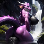 absurd_res anthro balls bathing big_ass big_balls black_testicles breasts butt cave dragon gemuseachmed genitals gynomorph hi_res horn intersex looking_back moss muscular pink_body plant rear_view scales solo water waterfall wet wide_hips