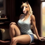 absurd_res anthro blonde_mane bottomwear canineluvr19 clothed clothing cutoffs denim denim_clothing equid equine female hi_res horse looking_at_viewer mammal mane nipple_outline seductive shirt shorts sitting solo tank_top topwear