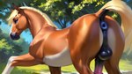 absurd_res animal_genitalia animal_penis anus backsack balls blue_eyes dock_(anatomy) equid equine equine_genitalia equine_penis feral genitals grass hi_res male mammal mane medial_ring penis plant puffy_anus solo tree