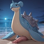 beach beach_background bodily_fluids cum cumshot ejaculation feral flippers genital_fluids genitals horn island male moon night penis sea seaside shell smile smirk solo water matt3985_(director) phazon nintendo pokemon generation_1_pokemon lapras pokemon_(species) hi_res