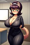 anthro big_breasts black_hair blush breasts domestic_cat felid feline felis female fluffy_ears green_eyes hair huge_breasts inside kitty_katswell mammal office office_clothing rosenly short_hair solo tan_body