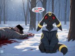 black_collar blood bodily_fluids clothed clothed_feral clothing collar corpse cute_fangs dead_body death duo ear_piercing ears_down female feral happy male open_mouth piercing pivoted_ears red_sclera sitting snow snowing speech_bubble spiked_collar spikes text winter winter_clothing the_yiff_republic nintendo pokemon selena_(the_yiff_republic) eeveelution generation_2_pokemon human mammal pokemon_(species) umbreon absurd_res english_text hi_res meme