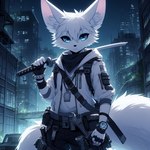 anthro black_bottomwear black_clothing black_pants blue_eyes bottomwear building car city city_background clock clothing dall-e_3 detailed_background fur hair holding_object holding_sword holding_weapon katana male melee_weapon outside pants short_hair solo sword vehicle watch weapon white_body white_clothing white_fur white_hair wristwatch lucifluffy wilek canid canine fennec fox mammal