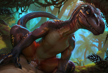 abs bodily_fluids claws cum duo female female_on_top feral genital_fluids genitals looking_at_viewer male male/female on_top outside penetration penis pussy smile vaginal vaginal_penetration jasonafex dinosaur human mammal reptile scalie hi_res