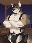 animal_ears anthro bara barrel beard belly biceps black_nose bottomwear brown_body brown_fur brown_hair bulge canine_nose chaps claws clothing cowboy crossed_arms crotch_tuft crotchless_bottomwear crotchless_clothing crotchless_pants elbow_tuft facial_hair fangs fluffy fluffy_tail front_view fur gun hair handgun holstered_pistol inner_ear_fluff jockstrap kemono leather leather_bottomwear leather_clothing leather_pants looking_at_viewer male molkeunkemoxl_(model) muscular muscular_male navel night nipples notched_ear pants pecs pistol plant porch ranged_weapon shirtless_anthro shirtless_male sky smile smirk smug solo star starry_sky suspenders tan_belly teeth tree tuft underwear weapon western whiskers white_arms yellow_eyes scoutr echo_(series) echo_project the_smoke_room william_adler canid canine canis mammal wolf alternate_version_at_source cel_shading half-length_portrait hi_res portrait shaded