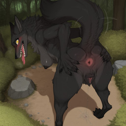 animal_genitalia animal_pussy anthro anus bent_over black_body black_fur black_nipples breasts canine_genitalia canine_pussy claws female fur genitals grass hand_on_butt inner_ear_fluff looking_at_viewer looking_back looking_back_at_viewer nipples nude outdoor_nudity outside plant pussy raised_tail rock sharp_teeth solo teeth tree tuft yellow_eyes tempname canid canine canis coyote mammal absurd_res hi_res