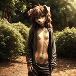 anthro apogee_(tinygaypirate) baggy_clothing barely_visible_genitalia barely_visible_pussy black_clothing bottomwear bottomwear_down breasts brown_eyes brown_hair brown_nose canid canine canis clothed clothing collar day detailed_background dirt domestic_dog female floppy_ears front_view fur genitals hair hi_res long_hair looking_at_viewer mammal mostly_nude nature navel nipples open_clothing open_topwear outdoors outside partially_clothed plant portrait pussy rantas realistic shrub skinny slim smile solo standing tan_body tan_fur tattoo three-quarter_portrait topwear tree undressing