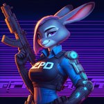 anthro clothing cyberpunk ears_up exoskeleton female futuristic futuristic_armor gun holding_gun holding_object holding_weapon looking_at_viewer police_uniform pose ranged_weapon smile solo uniform weapon zootopia duolingo judy_hopps lagomorph leporid mammal rabbit