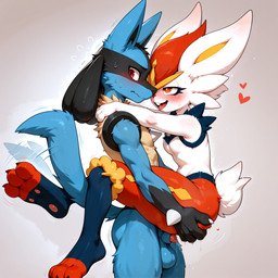 animal_genitalia animal_penis anthro anthro_on_anthro balls blue_body blue_fur blush bodily_fluids breasts claws duo feet female fur genital_fluids genitals hand_on_butt heart_symbol male male/female nude pawpads paws penis penis_tip precum red_eyes sex sheath soles stand_and_carry_position standing standing_sex tail tail_motion tailwag toes white_body k01 nintendo pokemon cinderace generation_4_pokemon generation_8_pokemon lucario mammal pokemon_(species) hi_res