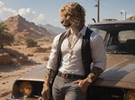 anthro athletic blonde_hair bottomwear car clock clothing desert fur hair jewelry male mountains muscular necklace orange_body orange_fur pants shirt solo spots topwear vehicle vest watch white_body white_fur tiberiumcat felid leopard mammal pantherine hi_res