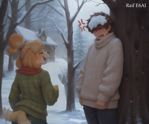 angry anthro building clothing cross-popping_vein duo female laughing looking_up male male/female motion_lines open_mouth outside plant scarf snow_on_head sweater tail tail_motion tailwag topwear tree winter raif_ai animal_crossing nintendo isabelle_(animal_crossing) canid canine human mammal hi_res watermark