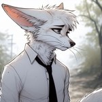 anthro canid canine clothing fennec fox fur grey_eyes lucifluffy male mammal necktie solo white_body white_fur wilek