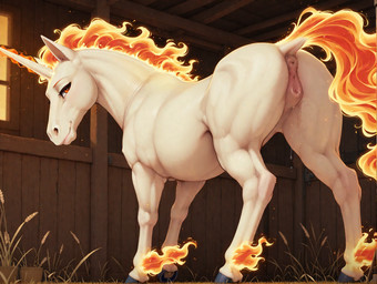 animal_genitalia animal_pussy anus barn bodily_fluids equine_pussy female feral fire flaming_hair flaming_mane flaming_tail fur genital_fluids genitals hay hooves horn looking_at_viewer looking_back looking_back_at_viewer orange_eyes pseudo_hair pseudo_mane pussy pussy_juice raised_tail solo wall_(structure) white_body white_fur wood_wall wooden_building meekerdeer nintendo pokemon equid equine generation_1_pokemon mammal pokemon_(species) rapidash unicorn hi_res